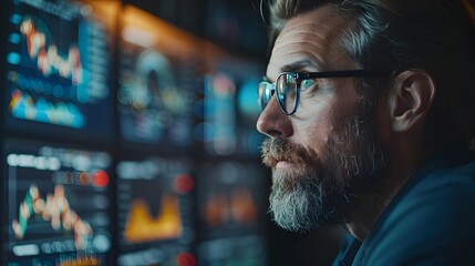 Poster - Focused Business Leader Analyzing Market Trends and Digital Data Analytics on Screens