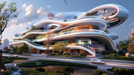 Canvas Print - Design a picture of a futuristic building with curved lines and advanced materials, depicting the visionary architecture of tomorrow.