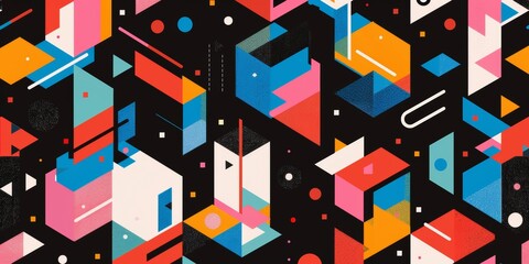 Poster - A colorful pattern with geometric shapes and lines, designed in the style of an isometric perspective vector art. The design includes squares and triangles that create repeating pattern