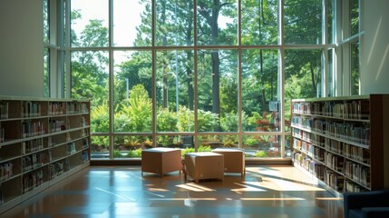Fototapete - Design a picture of a serene library with large windows, reading nooks, and rows of bookshelves, highlighting the importance of educational spaces.
