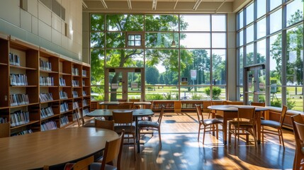 Fototapete - Design a picture of a serene library with large windows, reading nooks, and rows of bookshelves, highlighting the importance of educational spaces.