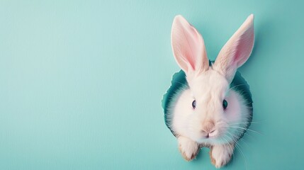 Wall Mural - Cute easter bunny peeking through a hole in a blue paper wall with copy space