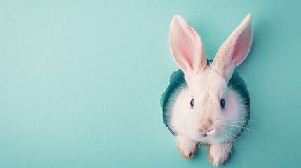 Sticker - Cute easter bunny peeking through a hole in a blue paper wall with copy space