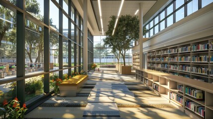 Fototapete - Design a picture of a serene library with large windows, reading nooks, and rows of bookshelves, highlighting the importance of educational spaces.