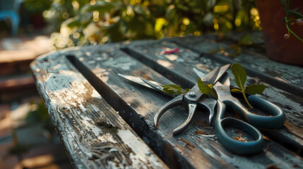 A pair of rusty scissors is laying on a wooden table