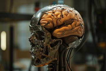 Canvas Print - Close-up shot of a robotic head with a detailed artificial brain, showcasing futuristic technology