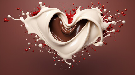 Wall Mural - Sweet Love - Milk and Chocolate Splash in Shape of Heart, 3D Illustration