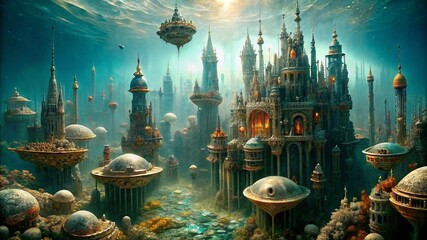 A bustling underwater city, populated by merfolk and other fantastical creatures. Generative AI.
