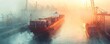 © auttawit - A large cargo ship is sailing through a foggy harbor. The ship is surrounded by several cranes and other large vessels. Concept of industry and activity, with the ship