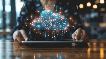 Poster - businessperson accessing cloud data on tablet in sleek office environment