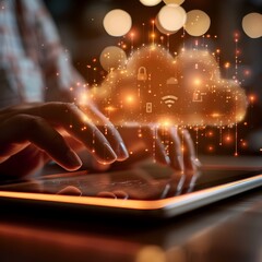 Poster - hands typing on digital tablet with cloud icons seamless data access modern efficient cloud computin