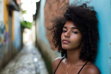 Sticker - Portrait of a serene young woman with curly hair posing by a colorful street art background