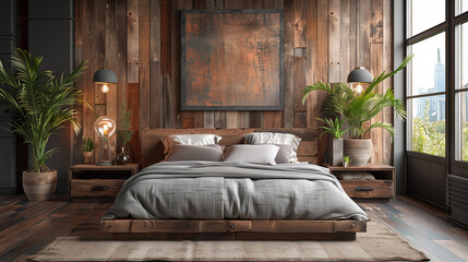 Modern industrial bedroom with reclaimed wood