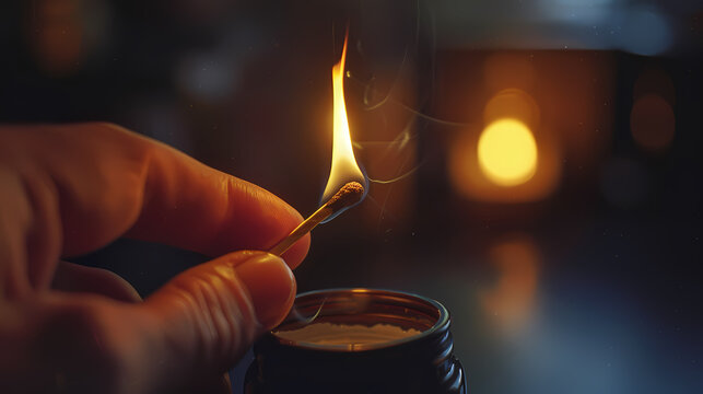 A single matchstick is lit in a dark room