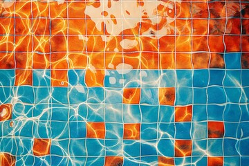 Wall Mural - Abstract mosaic tiles with orange and blue pattern in water. Summer vacation concept. Design for poster, wallpaper, and advertisement, banner with copy space.