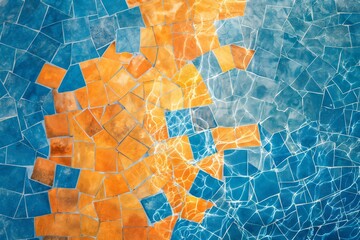 Abstract mosaic tiles with orange and blue pattern in water. Summer vacation concept. Design for poster, wallpaper, and advertisement, banner with copy space.