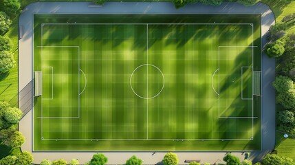 Poster - Illustrate a football pitch from an aerial view, showing the field markings and layout essential to the game.