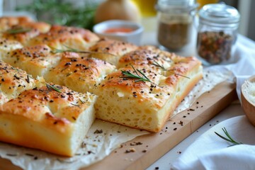 Sticker - Homemade focaccia garnished with rosemary and spices, ready to serve on a rustic wooden cutting board