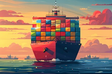 Wall Mural - A large red ship with many colorful containers on it. The ship is in the middle of the ocean