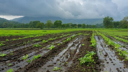Wall Mural - A farmers field with newly planted crops drinking up the nourishing monsoon rains.