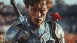 © Sattawat - romantic hero - a beautiful young knight in silver armor holds one red rose in his hand