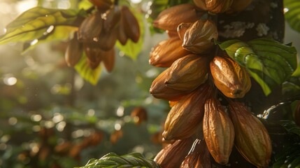 Ripe cocoa fruit, healthy Theobroma cacao fruit on organic farm. Green leaves blurred background.
