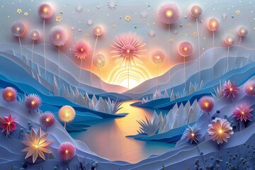 Wall Mural - Paper art 3D depiction of a fireworks display over a river, Light pastels, Layered textures, Stunning 4th of July spectacle