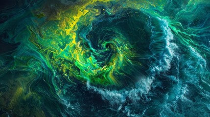 Wall Mural - amidst the deep azure waters a brilliant swirl of neon greens and yellows takes shape. the normally 