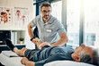 © peopleimages.com - Physiotherapy, senior man and stretching for knee health, medical and consultant with injury support. Consultation, chiropractor and physical therapy with rehabilitation and care in doctor office