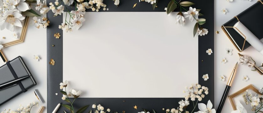 A blank sheet of paper with plenty of space to write, accompanied by delicate flower buds. Desk pads white, black, golden 