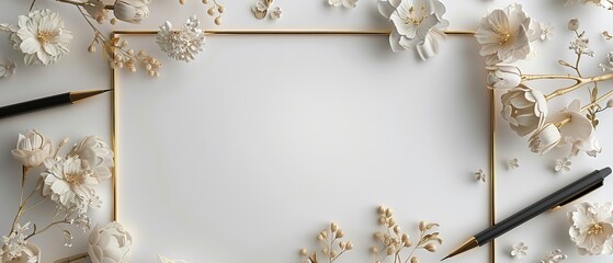 Wall Mural - frame on paper white background with flowers for editing and text