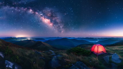 Wall Mural - A red tent is set up in the middle of a mountain range