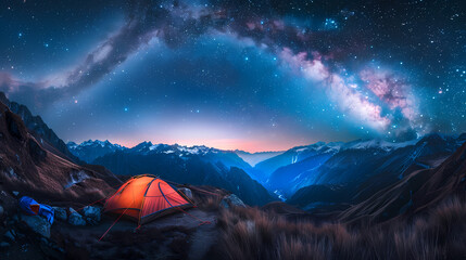 Wall Mural - A red tent is set up in the middle of a mountain range