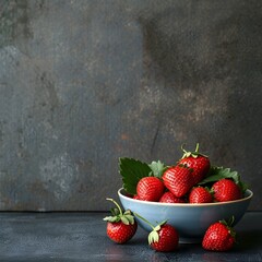 Wall Mural - Appetizing Bowl of Fresh Vibrant Red Strawberries with Leaves on Rustic Wooden Table