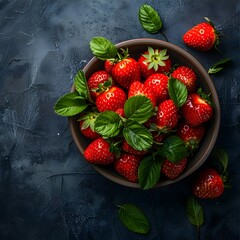 Wall Mural - Fresh Vibrant Strawberries in a Wooden Bowl with Green Leaves on a Dark Background