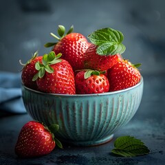 Sticker - A Bowl of Vibrant Fresh Strawberries with Green Leaves Appetizing Fruit Concept with Copy Space