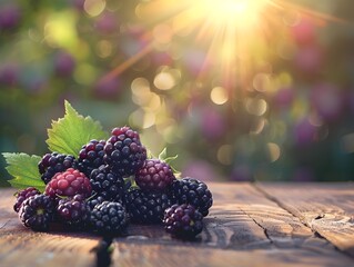 Wall Mural - Fresh Organic Blackberries on Wooden Table in Natural Sunlight