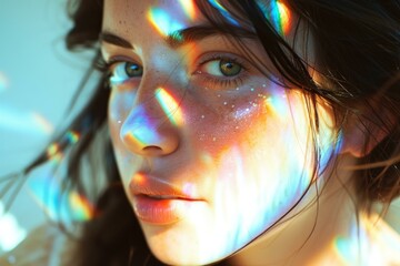 Sticker - Close-up of a young woman with colorful light refractions on her skin, creating a dreamy effect