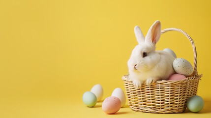 Sticker - white easter bunnu with a grocery store basket and easter eggs isolated on pastel yellow background EF 70-200mm lens.