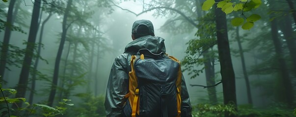 Canvas Print - Hiker in Raincoat Traversing Misty Forest with Atmospheric and Serene Landscape