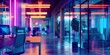 © NickArt - Blurred office copyspace background with desk and chair with pink and yellow neon lights AI generative image