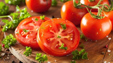 Juicy sliced tomatoes close up photo on wooden chopping board with parsley greens