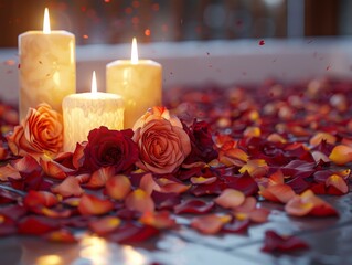 Blissful Couple in Luxurious Spa Bath Surrounded by Candles and Rose Petals | Relaxing Spa Experience with Romance and Tranquility