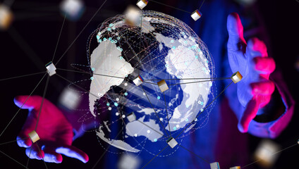 Poster - world Global network. Blockchain. 3D illustration. Neural networks and artificial intelligence. Abstract