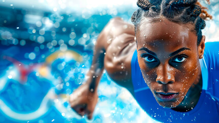 A determined sprinter with intense focus prepares to start a race, showcasing athleticism and competitive spirit in vibrant colors.
