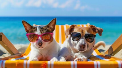 Happy cute dog and a cat wearing sunglasses lying on a deck chair at the beach, with a blue sky and sea background, summer vacation concept.