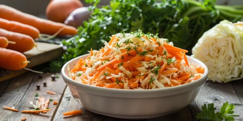 Wall Mural - a bowl of carrots and cabbage salad on a wooden table