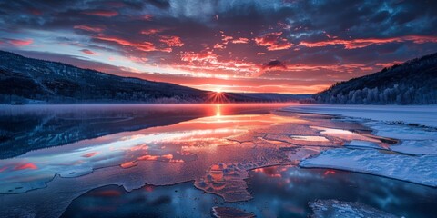 Wall Mural - A breathtaking view of a stunning sunset reflecting on a frozen lake