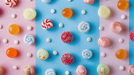 Wall Mural - Vibrant small sweets on a colored backdrop