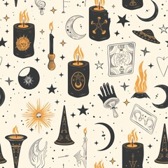 Poster - A seamless pattern with various witchcraft accessories such as black candles, tarot decks, and enchanted talismans